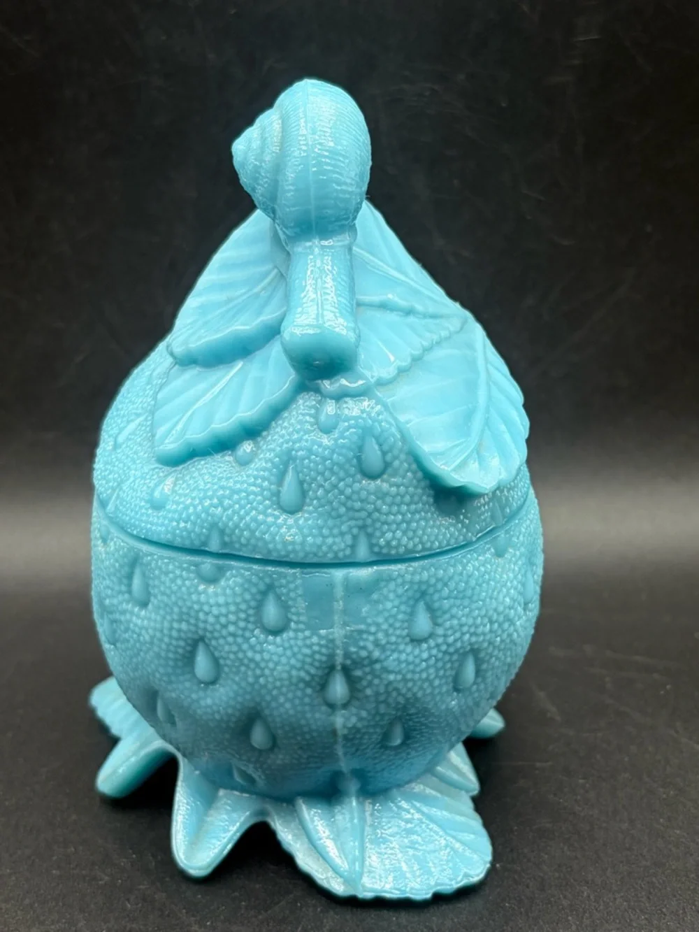 Portieux Blue Milk Glass Snail on Strawberry Lidded Dish Candy Bowl Trinket Box
